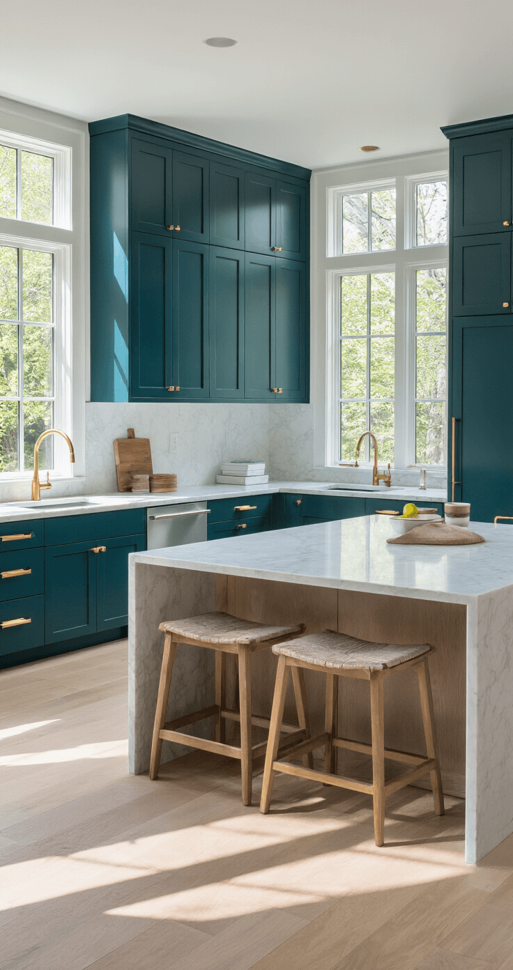 A contemporary kitchen featuring deep teal cabinets, white Carrara marble countertops, and a center island with waterfall edges. The space is illuminated by morning light streaming through floor-to-ceiling windows, highlighting brass hardware and natural white oak flooring. Shot from a low angle to emphasize cabinet height and depth.