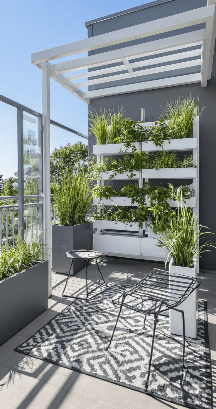 A modern 6x10ft balcony featuring a white hydroponic tower garden, gray planters with ornamental grasses, glass wind barriers with integrated shelving, a matte black bistro set, and a geometric patterned outdoor rug, all illuminated by bright midday light.