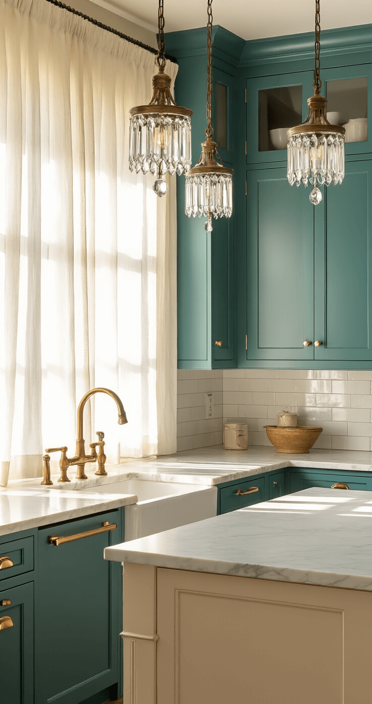 A transitional kitchen with sheer curtains allowing late afternoon sunlight to filter in, featuring two-tone cabinets in teal and cream, a marble-topped island with crystal pendant lights, vintage brass hardware, and a white subway tile backsplash. The perspective is at eye level, looking across the island towards the main cabinet wall, showcasing a warm ambiance created by natural and artificial lighting.