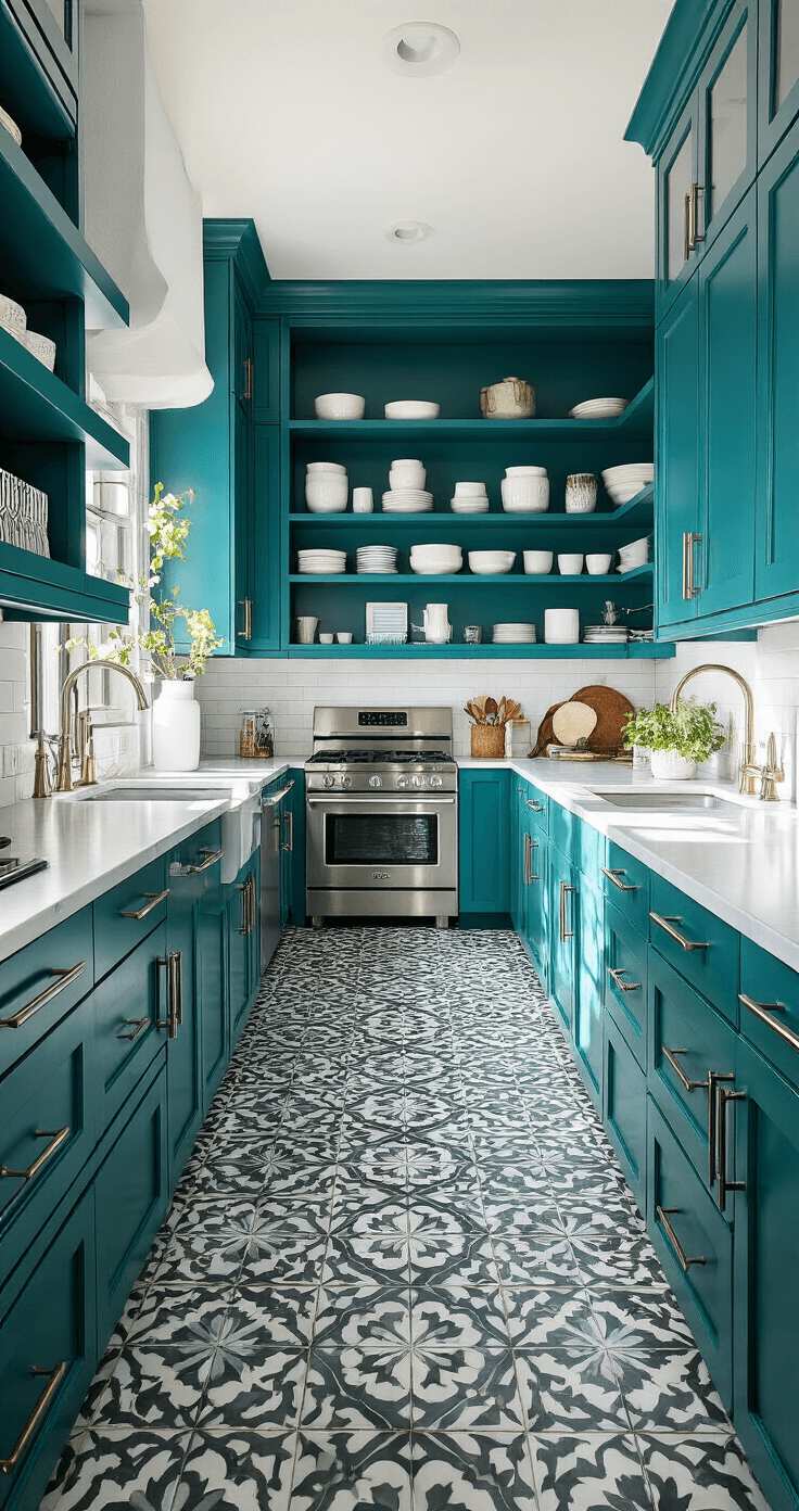 A modern galley kitchen featuring dramatic teal cabinets reaching the 9ft ceiling, open shelves displaying white ceramics, stainless steel appliances, and geometric cement tile flooring. The shot is taken from the entrance, highlighting the length of the kitchen, with afternoon light casting strong shadows and highlights, creating a moody atmosphere with focused task lighting.