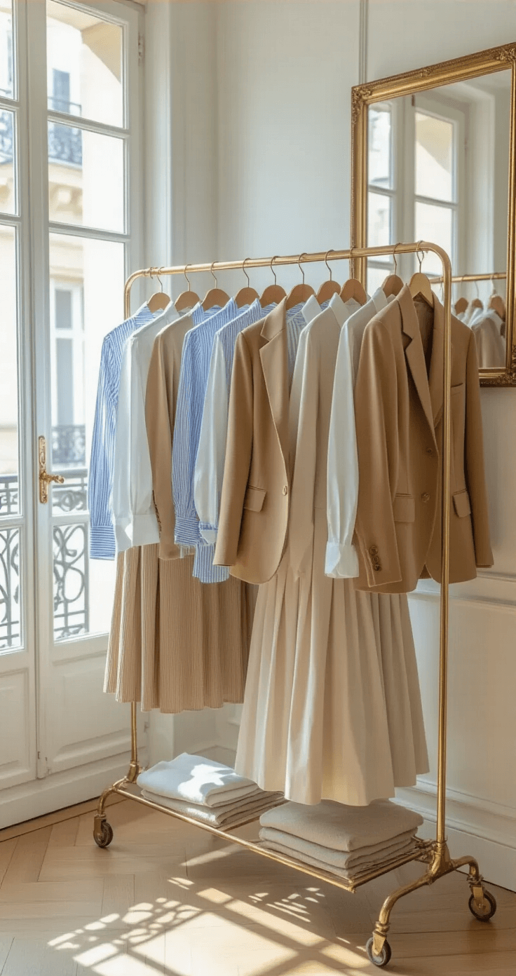 A well-organized Parisian-style apartment features floor-to-ceiling windows illuminating a model arranging a capsule wardrobe on a brass clothing rack, showcasing a camel hair blazer, oxford shirts, and neutral A-line skirts, with an antique mirror reflecting the scene.