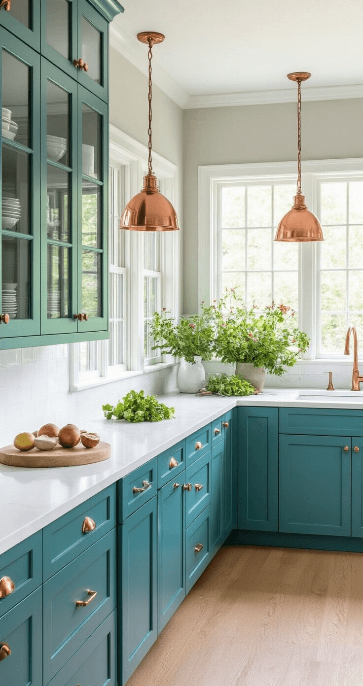 Bright corner kitchen featuring teal lower cabinets, glass-front upper units, and white quartz countertops. Copper pendant lights add warmth, while pale gray walls complement the cabinetry. The image is captured from island height, showcasing the full layout with soft lighting and decorative fresh flowers and herbs.