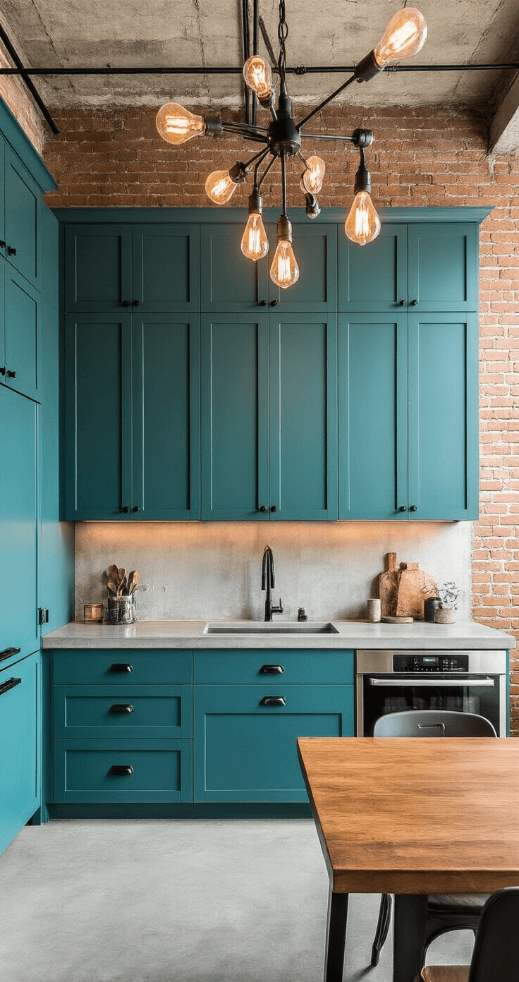 Industrial-chic kitchen showcasing teal cabinets with black metal handles, concrete countertops, and an exposed brick wall; illuminated by an Edison bulb chandelier with diverse lighting creating depth.