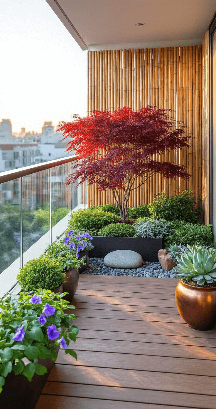 A high-angle view of a compact urban balcony at golden hour, featuring modern glass railings and a Japanese garden with a crimson maple, bamboo screening, wooden deck tiles, violet-blue morning glories, copper planters with succulents, and a stone lantern among river rocks, all beautifully illuminated in soft evening light.