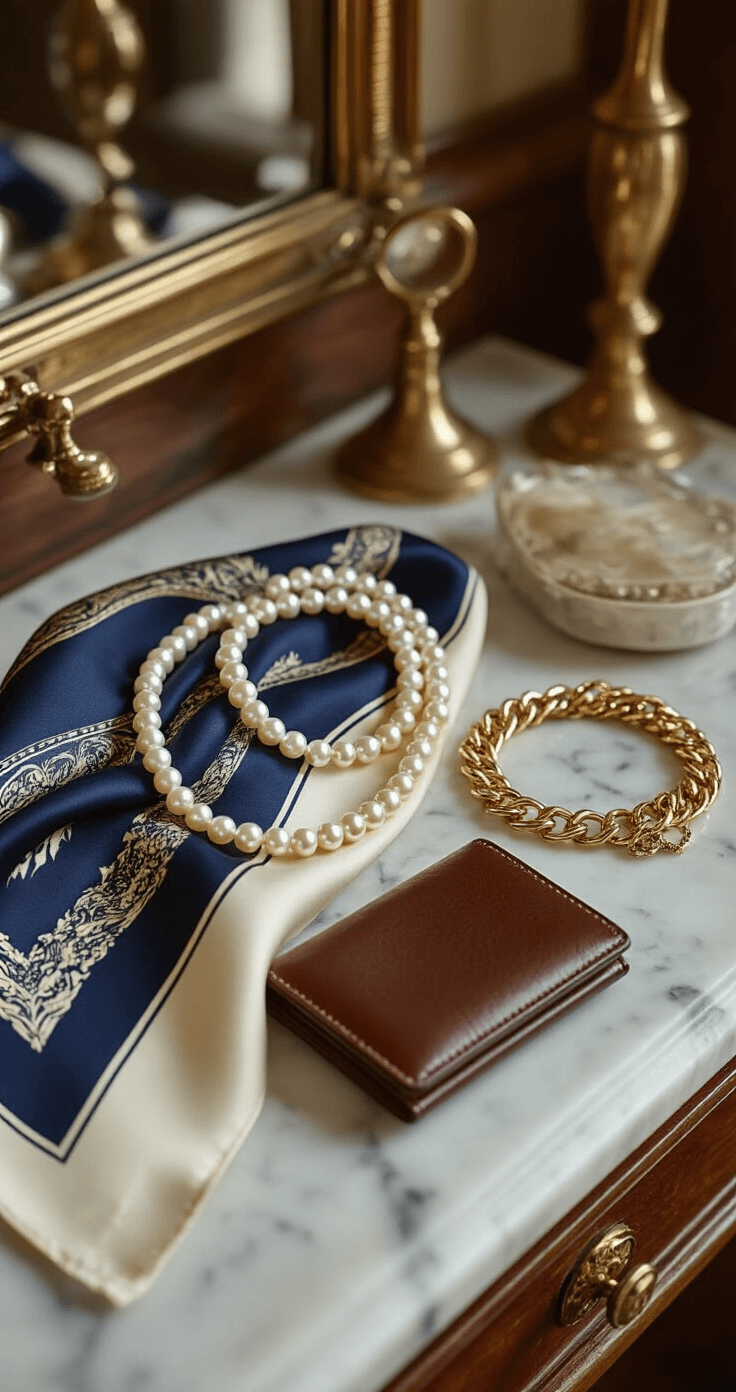 Close-up of a vintage marble vanity in a historic Boston boutique dressing room, featuring layered accessories including a strand of graduated pearls, a navy and cream silk Hermès scarf, a gold chain bracelet, and a structured leather wallet, with an antique mirror reflecting warm lighting and brass fixtures.
