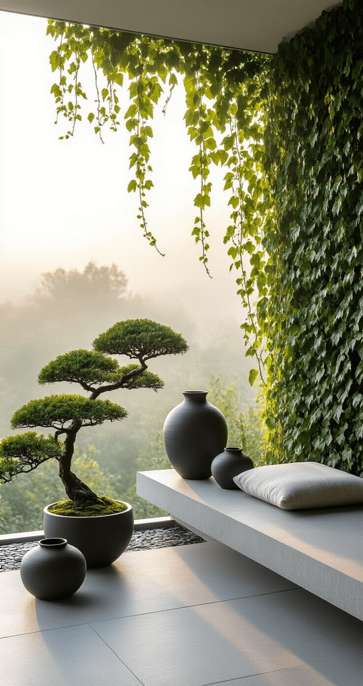 An intimate balcony scene at dawn features dappled light filtering through ivy, highlighting a minimalist arrangement of charcoal ceramic vessels with bonsai specimens, a bamboo water feature, and a stone bench with a linen cushion, all enveloped in cool morning mist.