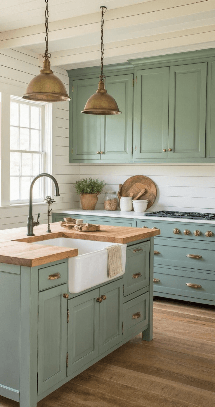 A beautifully styled farmhouse kitchen featuring sage-teal cabinets, a rustic butcher block island, white shiplap walls, and an apron sink, accented by vintage-style aged brass pendants, all illuminated by warm golden hour light.