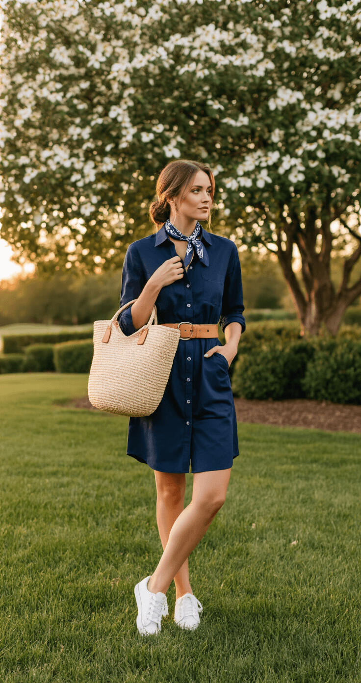 A woman in a navy shirt dress with a tan leather belt and white canvas sneakers stands on the terrace of Greenwich Country Club during sunset, her hair styled in a classic chignon and a silk scarf tied loosely at her neck. The background features manicured lawns and blooming dogwood trees, illuminated by golden hour side lighting.