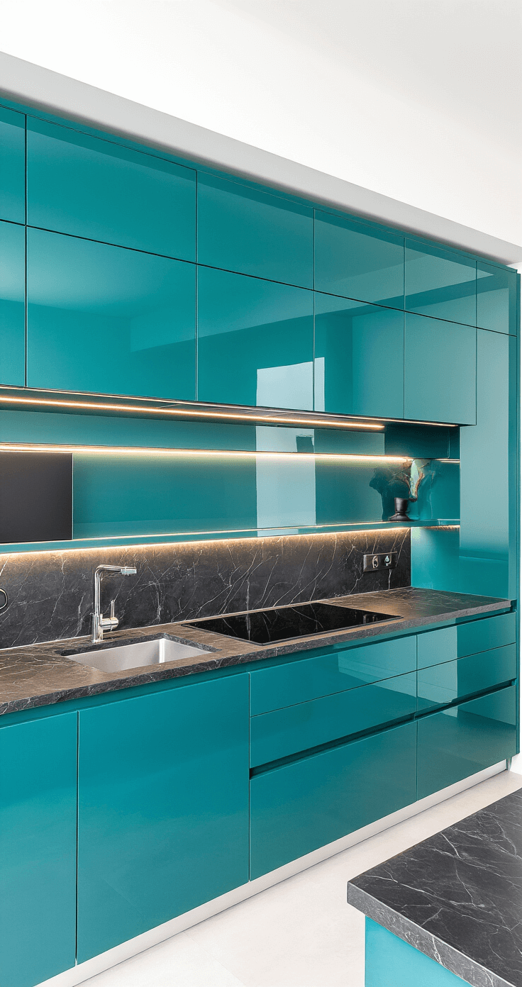 Ultra-modern minimalist kitchen featuring high-gloss teal cabinets with integrated handles, black stone countertops, and LED under-cabinet lighting, shot straight-on to emphasize symmetry and sophistication.