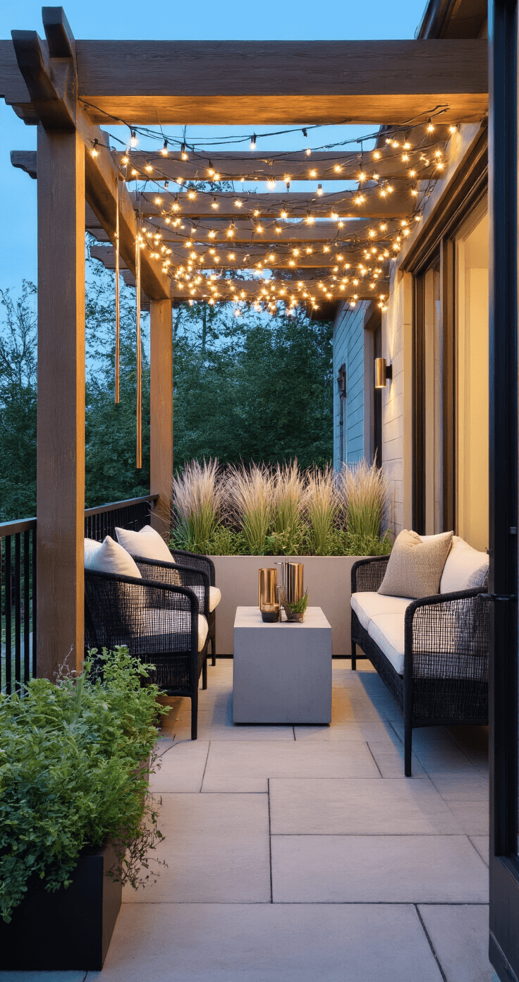 Twilight balcony with warm string lights overhead, featuring a modern concrete planter with silver grass, black metal furniture, copper wind chimes, and layered potted herbs on neutral stone pavers.