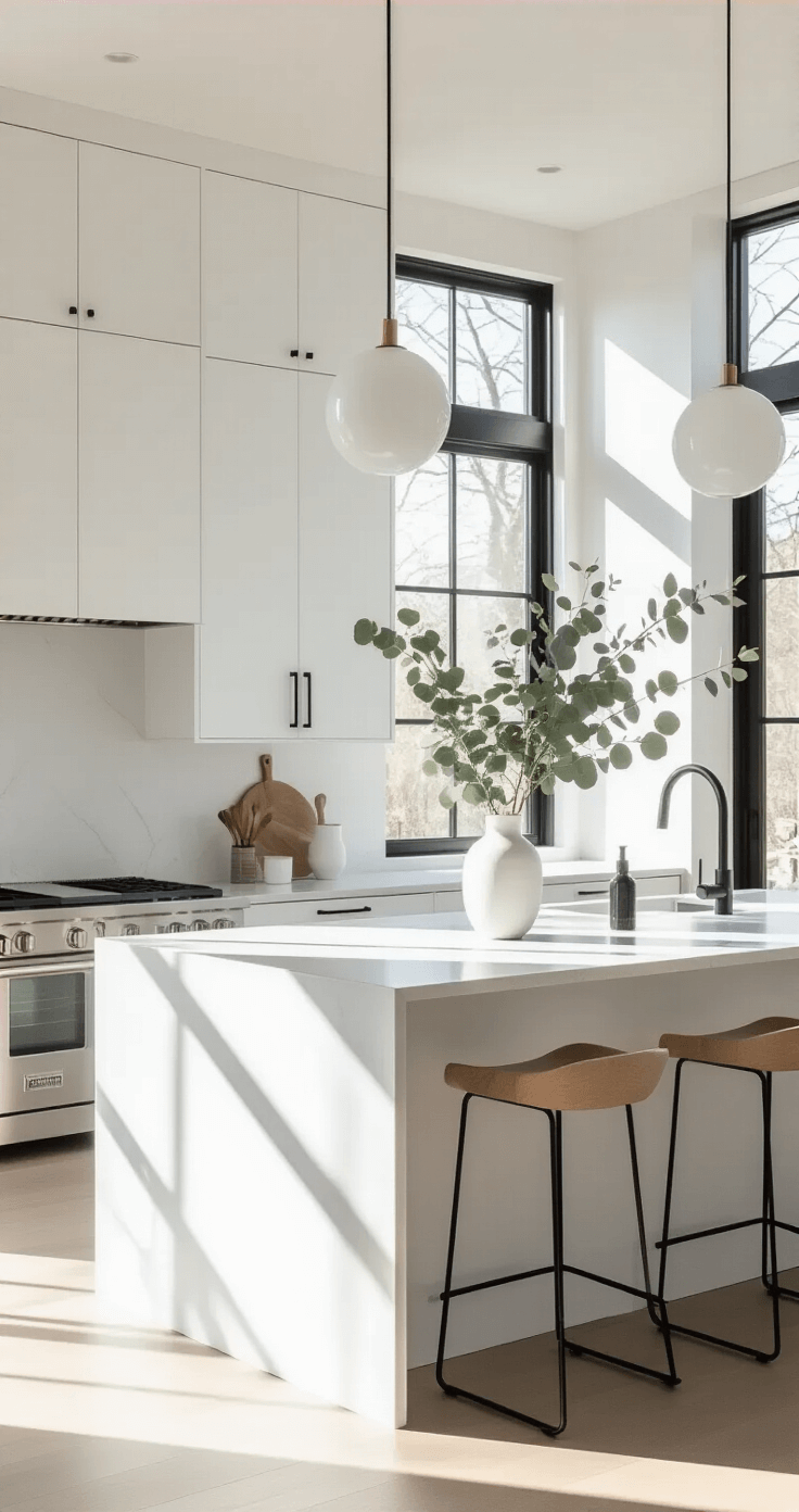 A modern minimalist kitchen featuring white floor-to-ceiling cabinets, a dove grey quartz island, and stainless steel appliances, illuminated by morning sunlight through frameless windows.