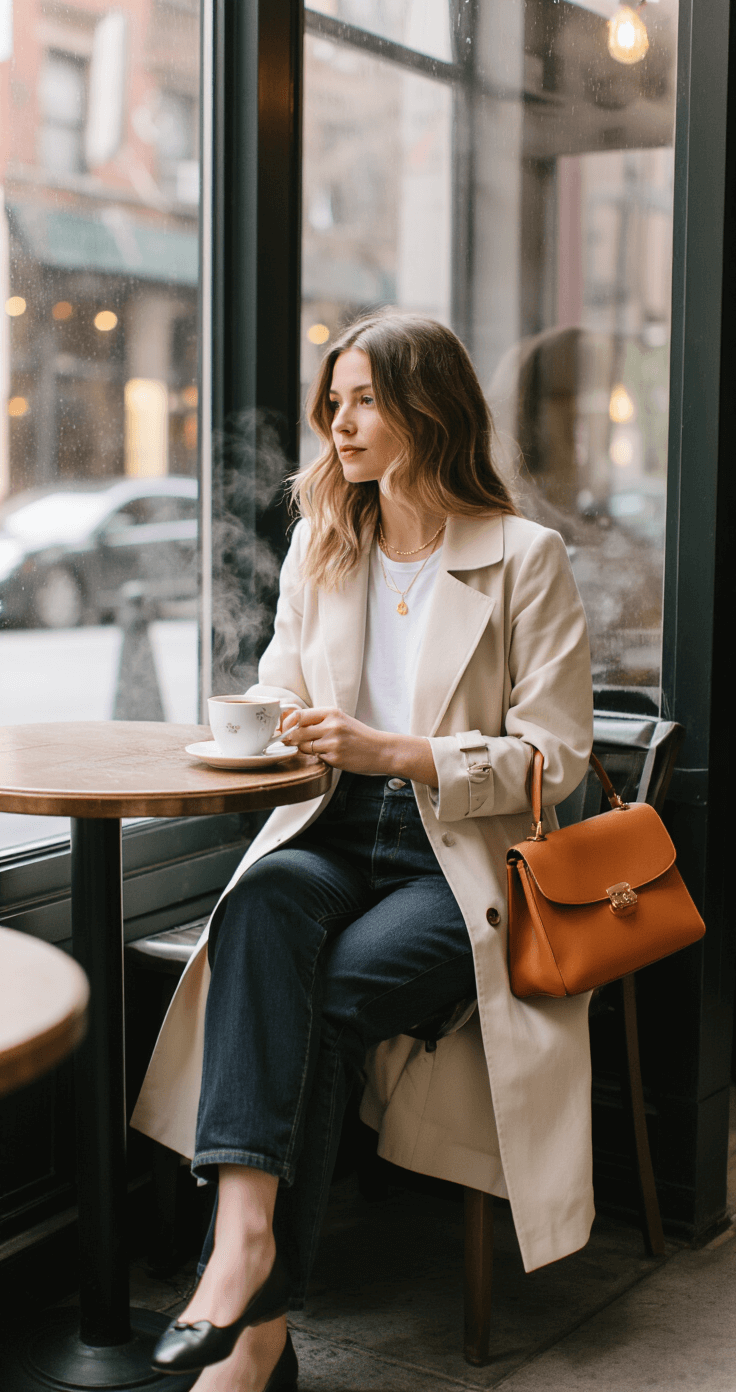 A stylish individual sits at a coffee shop window seat on an overcast spring morning, dressed in a cream wool blazer, white tee, and high-waisted dark denim, with a beige trench draped over their shoulders. They wear black leather ballet flats and carry a cognac leather top-handle bag. Delicate gold necklaces adorn their neck, and steam rises from a porcelain coffee cup nearby, creating a cozy atmosphere, captured in soft diffused natural light.