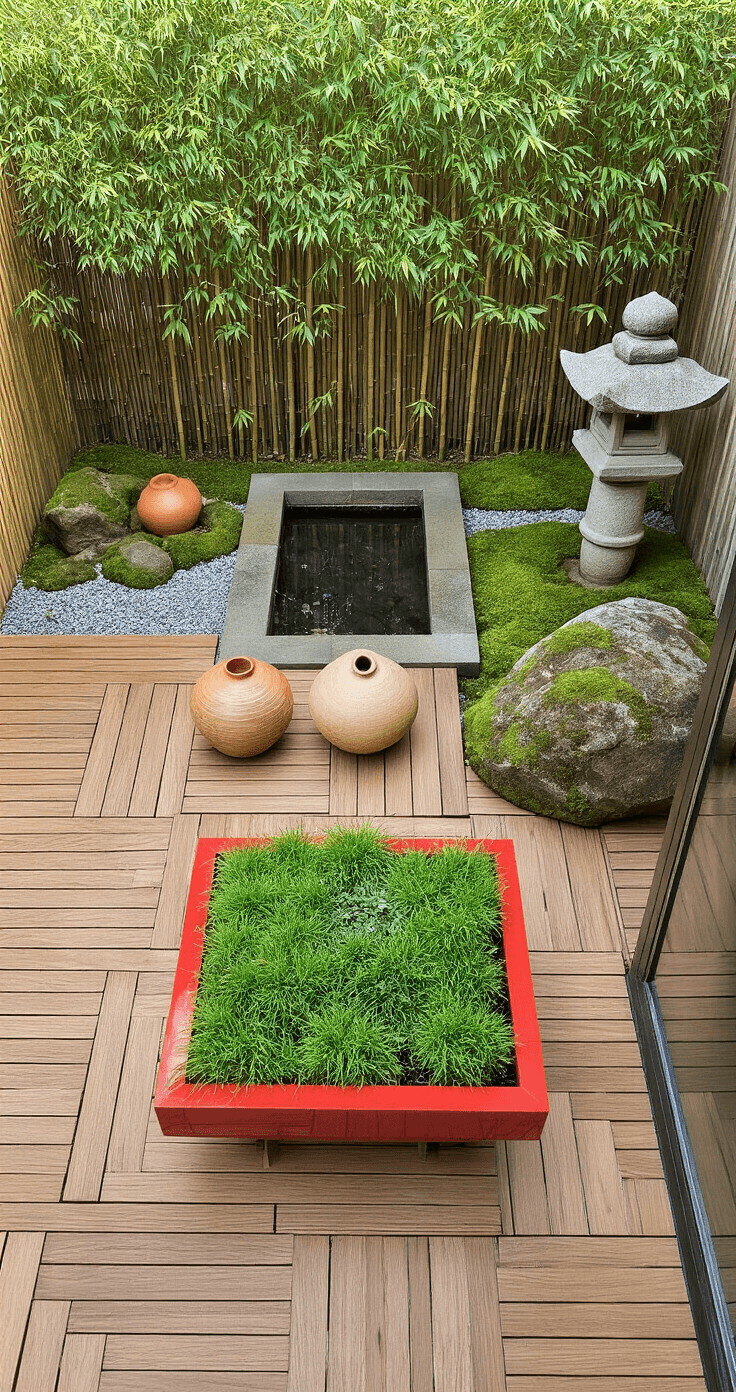 A corner balcony scene featuring a wooden grid floor with asymmetrically arranged earth-toned glazed pottery, highlighted by a striking red container with compact Japanese forest grass. A bamboo privacy screen forms the backdrop, while a stone lantern sits among moss-covered rocks, and a small water basin reflects the sky, captured with enhanced foliage colors.