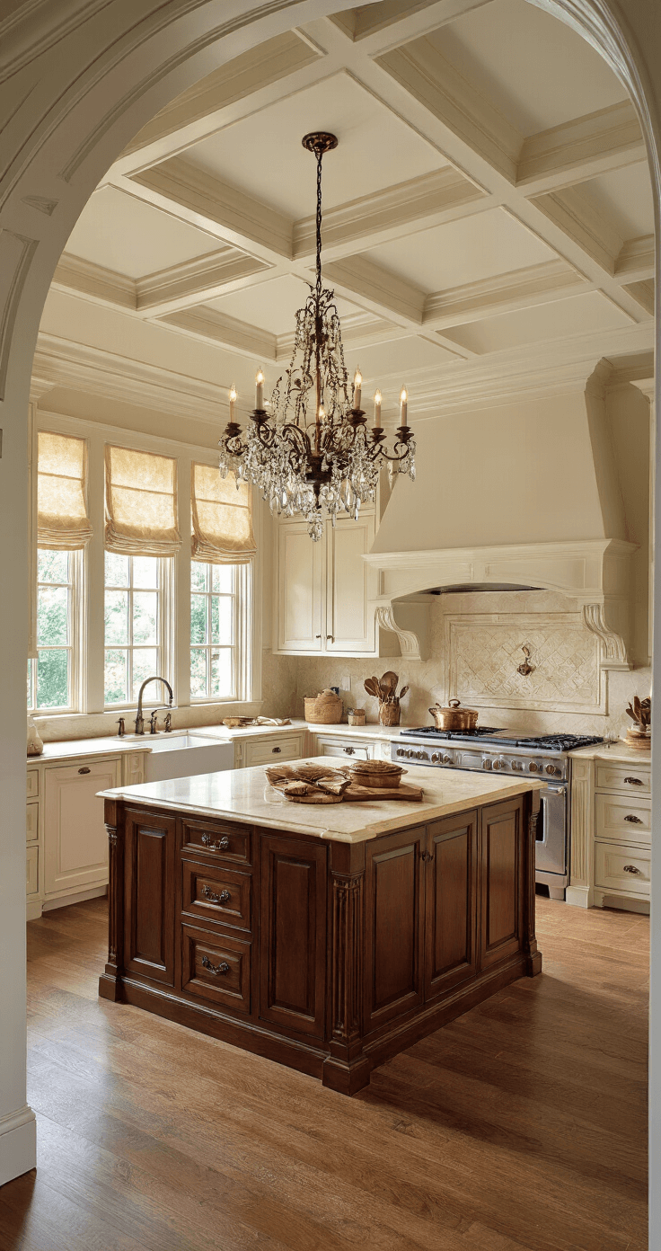 Spacious traditional kitchen with cherry wood cabinets and cream marble countertops, featuring butcher block island and copper fixtures, illuminated by warm afternoon light and a crystal chandelier.