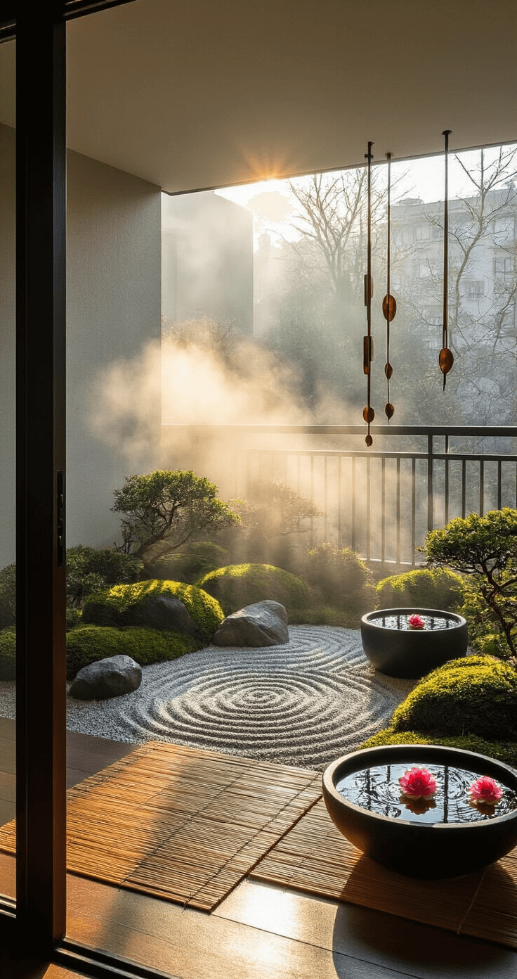 A sunlit urban balcony features a mist-covered rock garden, low-profile black planters with cloud-pruned shrubs, weathered copper wind chimes, a bamboo mat for meditation, and a stone water basin with floating camellia blooms, all captured in high contrast to highlight morning shadows.