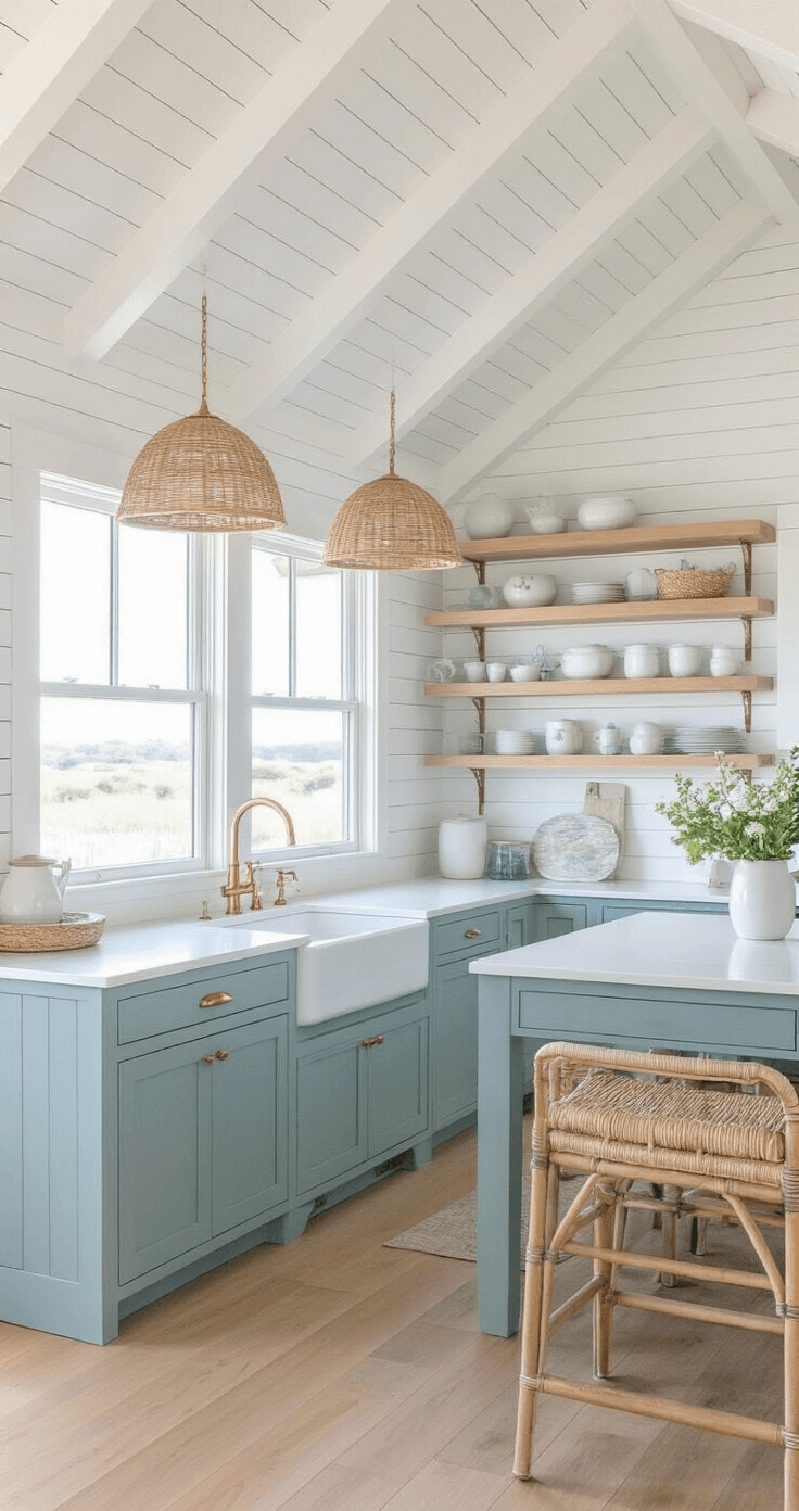 A bright coastal kitchen featuring seafoam blue shaker cabinets, white quartz countertops, and brass hardware, illuminated by early morning light streaming through bay windows, with woven pendant lights above the island and open shelving displaying white ceramics and sea glass.