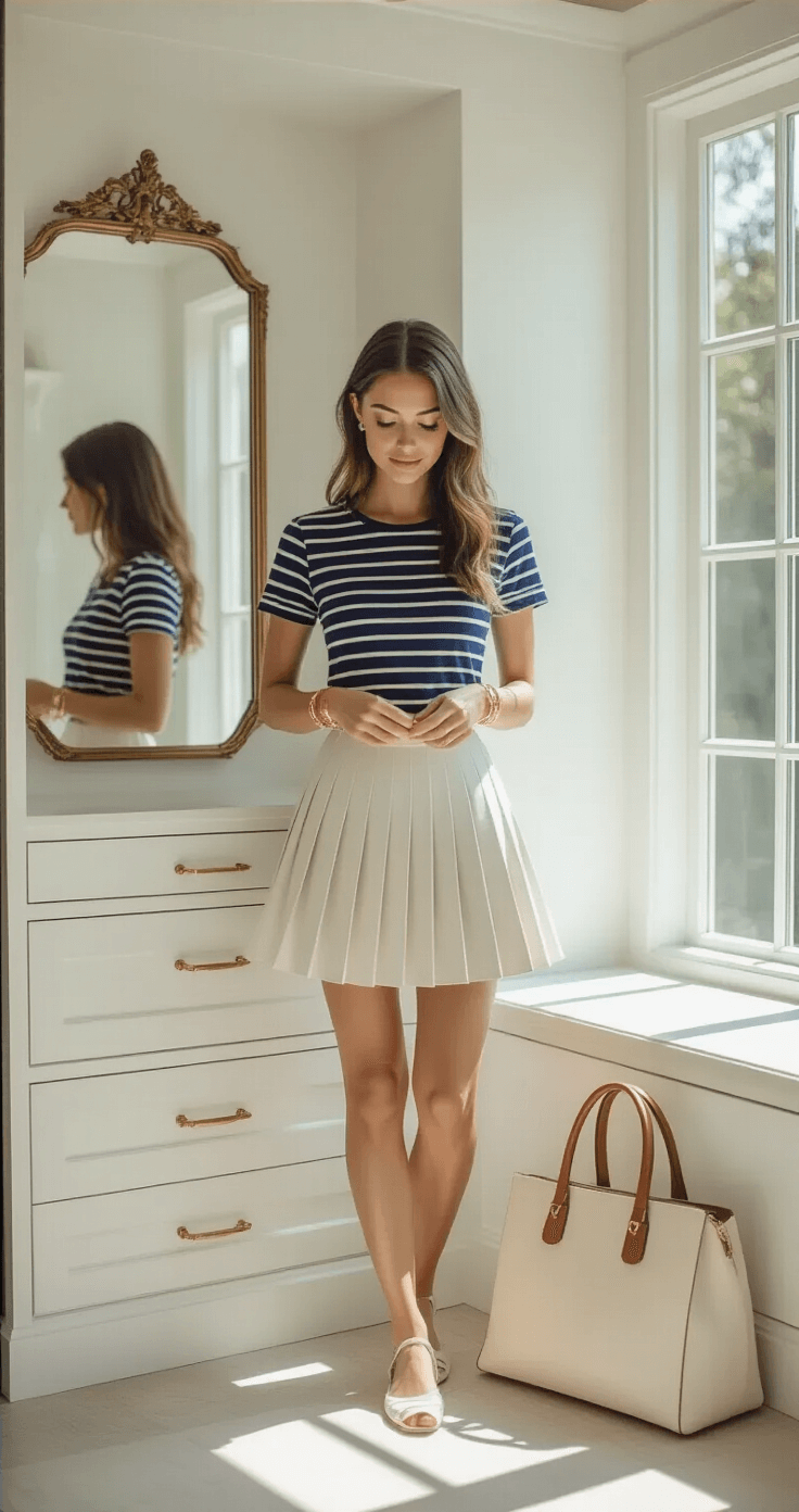 A woman adjusts her navy Breton stripe top tucked into a pleated tennis skirt in a bright, minimal dressing room with floor-to-ceiling windows. Morning light fills the space, highlighting her simple gold bangles and a cream structured leather tote nearby. The room's white built-ins and vintage mirror enhance its clean lines and sophisticated ambiance.