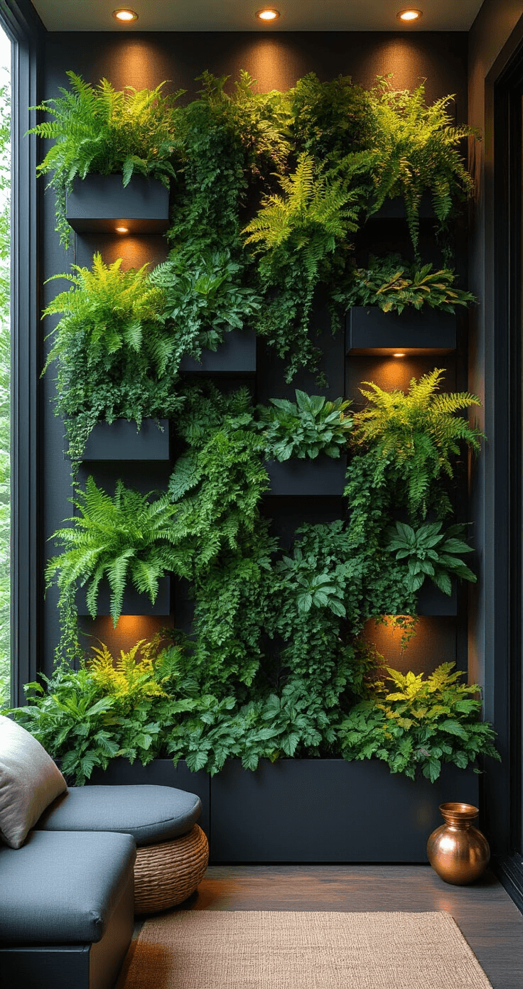 Dusk view of a vertical garden featuring cascading ferns and trailing vines, with LED uplighting casting shadows. Charcoal containers with succulents and natural fiber cushions create a cozy seating area, complemented by a small copper incense burner.
