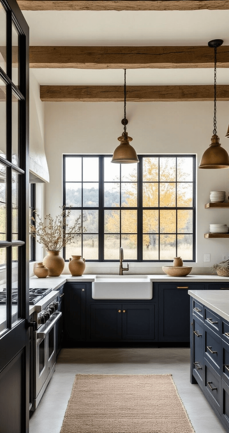 A modern farmhouse kitchen featuring exposed wooden beams, two-tone cabinets, concrete countertops, and vintage-style pendants, illuminated by golden hour light from black-framed windows.