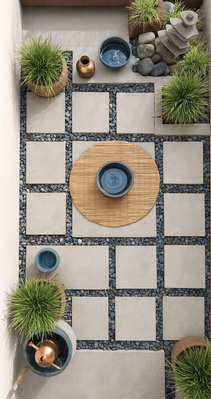 Overhead view of a balcony featuring square concrete pavers interspersed with Mexican river rocks, a circular meditation area with a bamboo mat at the center, ceramic vessels in muted blues with grasses, a vintage copper watering can, and a small stone pagoda lantern in the corner.