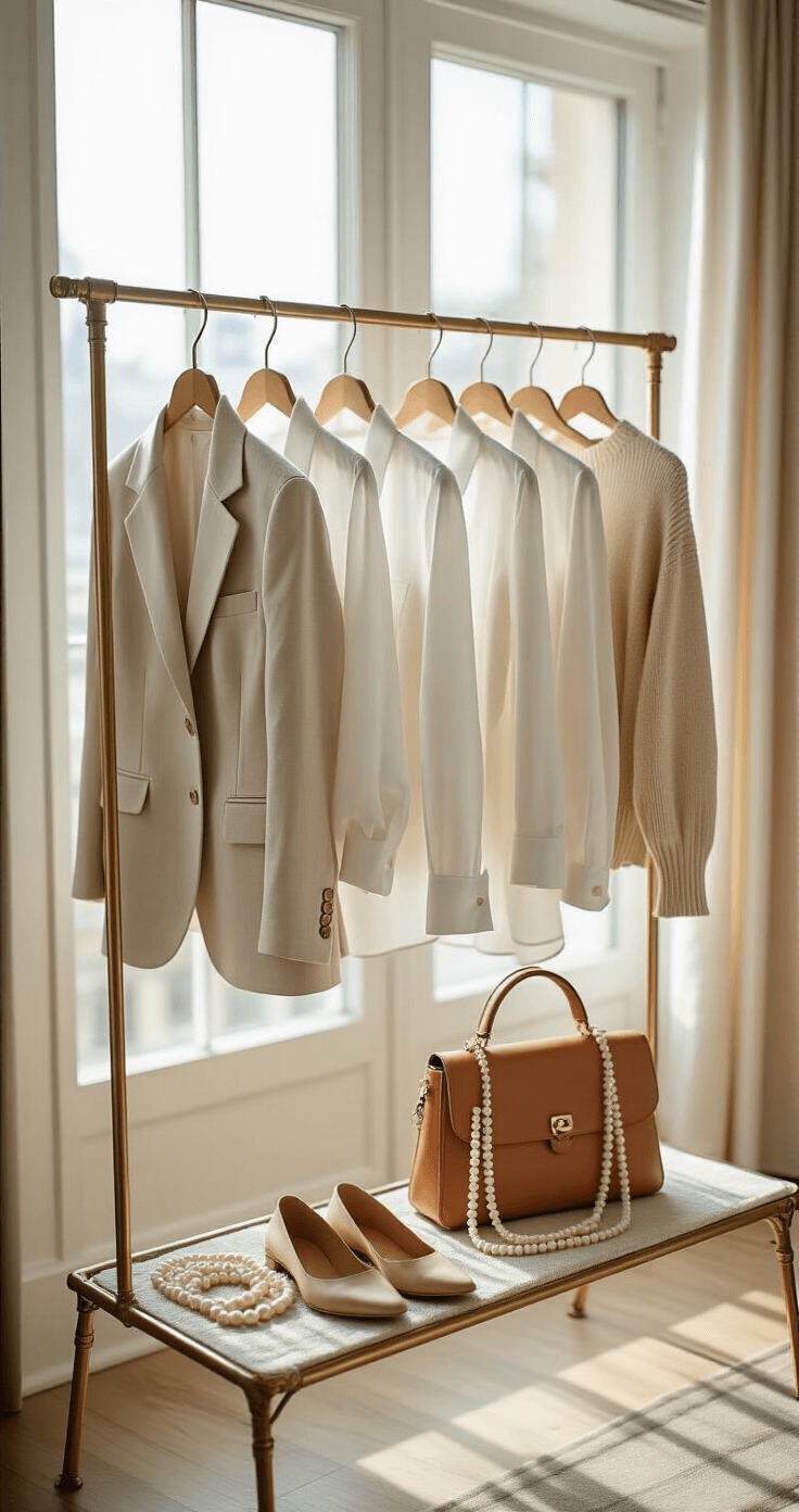 A bright studio apartment filled with light, featuring a person arranging a capsule wardrobe on a brass clothing rack, including linen blazers, white button-downs, and neutral knits. Nearby, a selection of pearl accessories and cream and tan leather goods is displayed. Large windows contribute to the soft, even lighting in the scene.