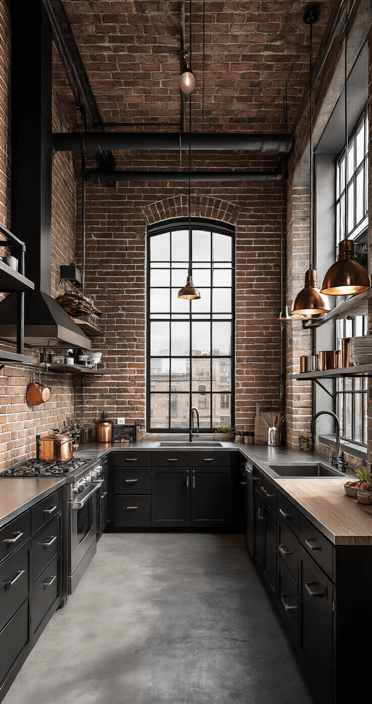 Loft-style industrial chic kitchen featuring an exposed brick wall, black metal cabinets, reclaimed wood accents, and professional-grade appliances, illuminated by afternoon light through factory windows, with copper cookware and dramatic shadows.