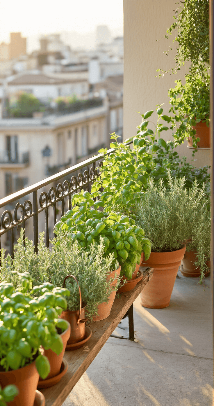 A sun-drenched urban balcony featuring a vibrant herb garden in terracotta pots, with basil, rosemary, and thyme, a vintage copper watering can, and pruning tools, captured during golden hour with a city backdrop.