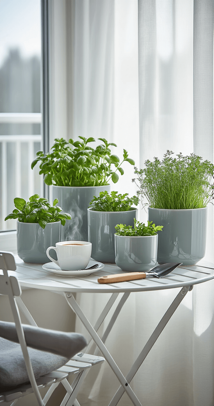 Intimate morning balcony scene featuring slate-gray ceramic containers with mint, parsley, and chives, soft light through sheer curtains, and a folding bistro table with gardening tools, all in a modern Scandinavian aesthetic.