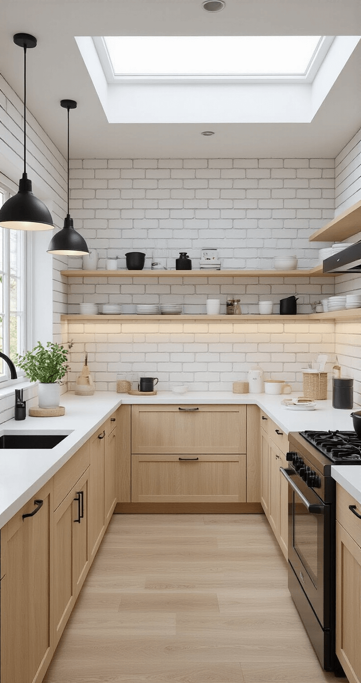 A compact Scandinavian-style kitchen featuring white-painted brick walls, blonde wood cabinets with invisible handles, white solid surface countertops, and floating shelves, illuminated by diffused northern light from a skylight, with black accents in lighting and accessories, creating a calm and organized atmosphere.