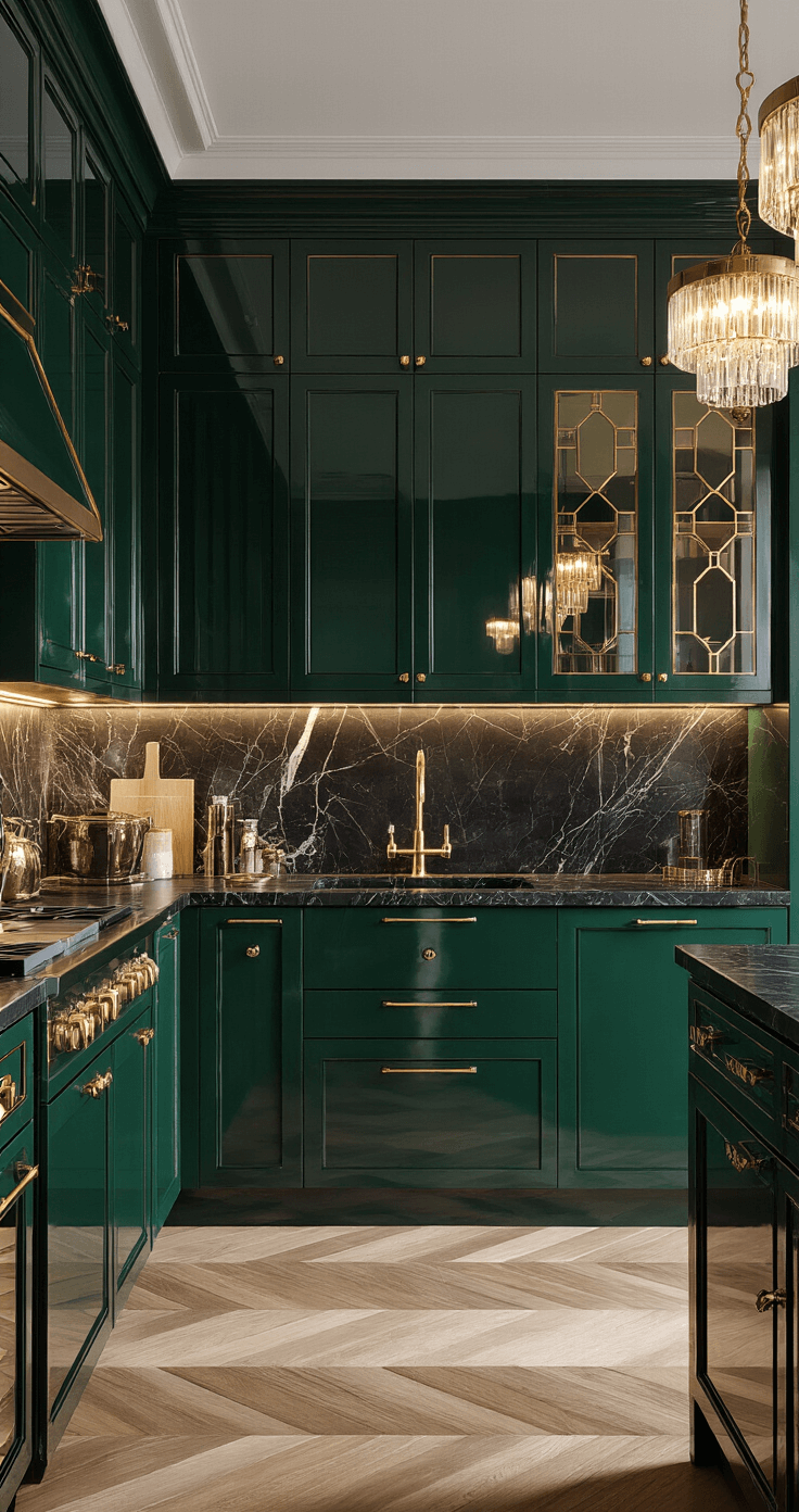 A luxurious Art Deco kitchen featuring high-gloss emerald green cabinets, black marble countertops, and an antiqued mirror backsplash, illuminated by elegant crystal and brass fixtures against a dramatic evening lighting backdrop.