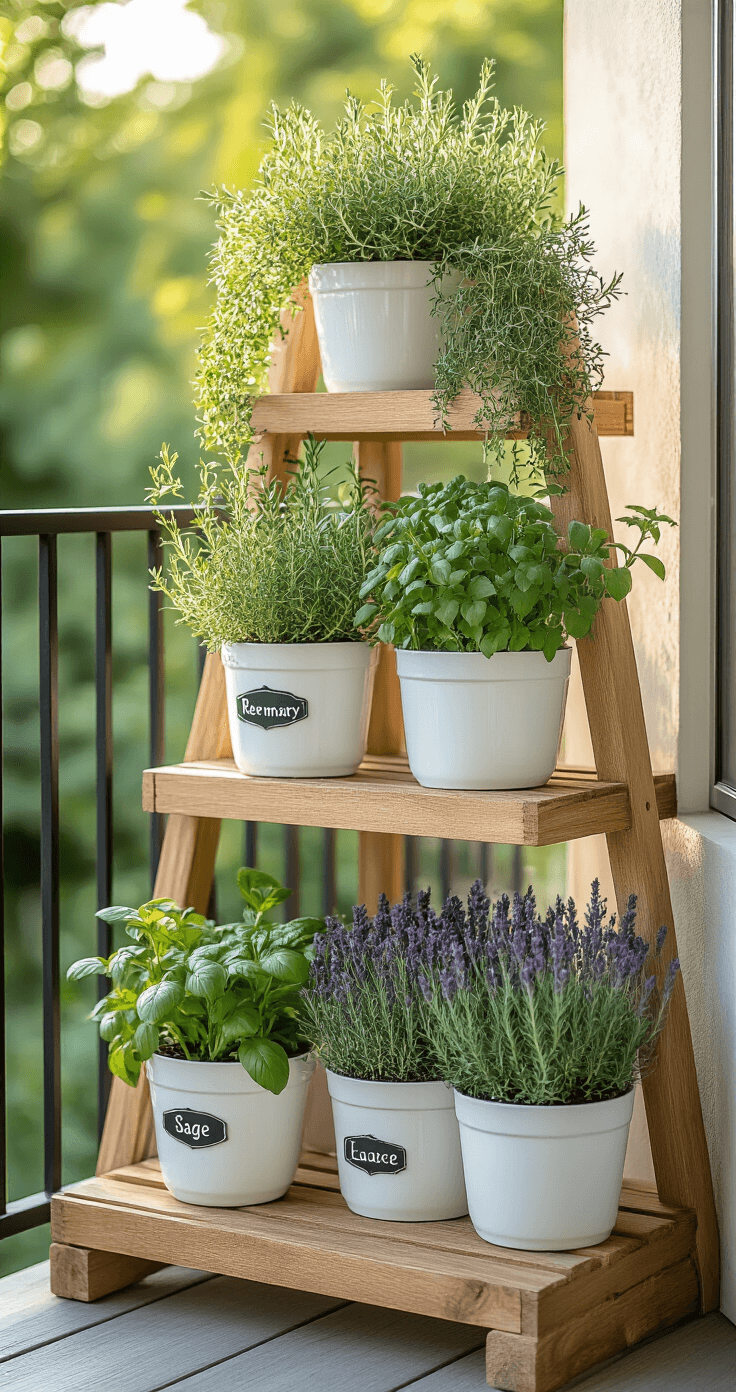 A corner balcony garden featuring a multi-level wooden plant stand with white ceramic planters displaying herbs like rosemary, thyme, sage, and lavender, all labeled with vintage zinc tags. Natural light highlights the greenery and cottage-industrial style.