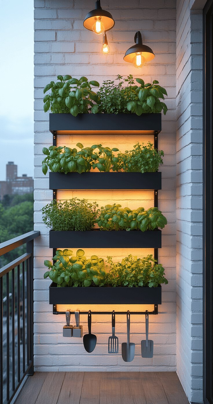 Compact urban balcony at dusk featuring a vertical herb garden on a whitewashed brick wall, illuminated by warm copper string lights, with sleek stainless steel gardening tools on a floating shelf, capturing a contemporary style.