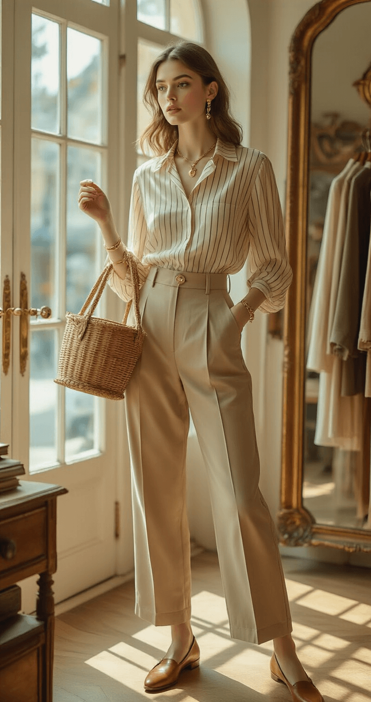 A vintage boutique interior bathed in afternoon light, featuring a model wearing high-waisted beige trousers and a striped silk blouse, browsing through racks. She carries a structured basket bag and is adorned with minimal gold jewelry and caramel brown leather loafers, surrounded by antique mirrors and brass fixtures that reflect a warm ambiance.