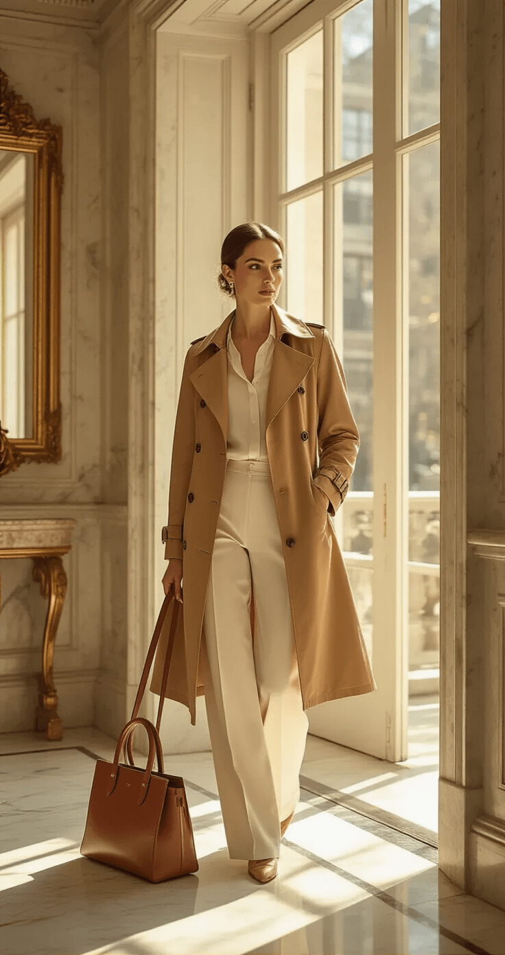A sophisticated woman in her late 20s adjusts a camel Max Mara trench coat by the entrance of a sunlit Manhattan townhouse, surrounded by warm golden light and an elegant marble foyer featuring a gilded mirror.