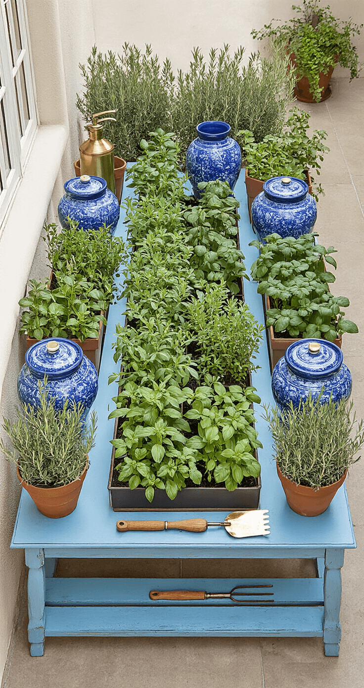 A bird's-eye view of a spacious covered balcony featuring Mediterranean-inspired decor, with blue glazed ceramic containers arranged symmetrically, mature rosemary bushes, and culinary herbs in central containers, highlighted by an antique brass misting bottle and hand tools on a distressed blue console under bright midday light.
