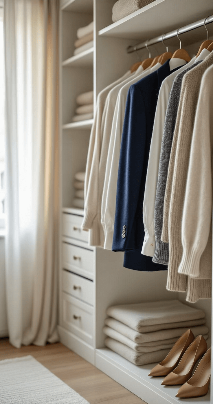 Interior of a Parisian-style apartment showcasing a well-organized walk-in closet filled with neutral cashmere sweaters and white button-downs arranged by color, featuring a navy wool blazer, classic leather pumps, and vintage Hermès silk scarves, all bathed in soft afternoon light.