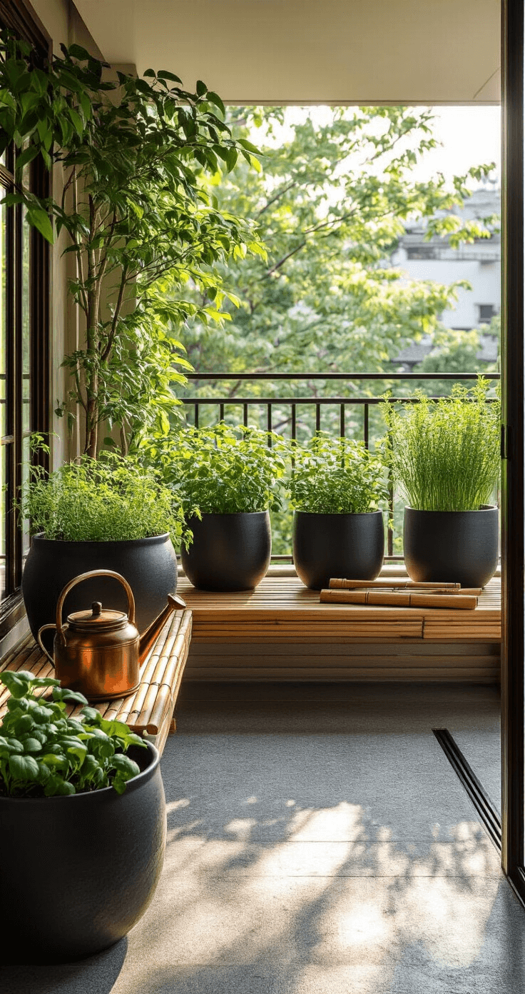 A small, serene balcony at sunrise featuring minimal Japanese design; charcoal ceramic containers on bamboo risers hold pruned herbs on light granite flooring, complemented by a traditional copper watering can and bamboo tools on a low wooden bench, with morning light illuminating the scene through lush foliage.