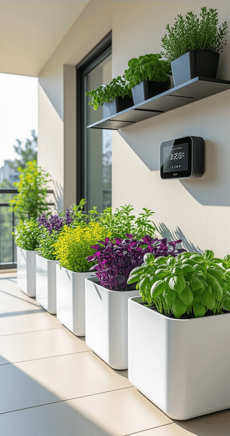 Modern apartment balcony with sleek white fiberglass planters holding vibrant herbs, a wall-mounted black metal shelf displaying smart gardening tools, and a digital plant monitor, all bathed in soft afternoon light.