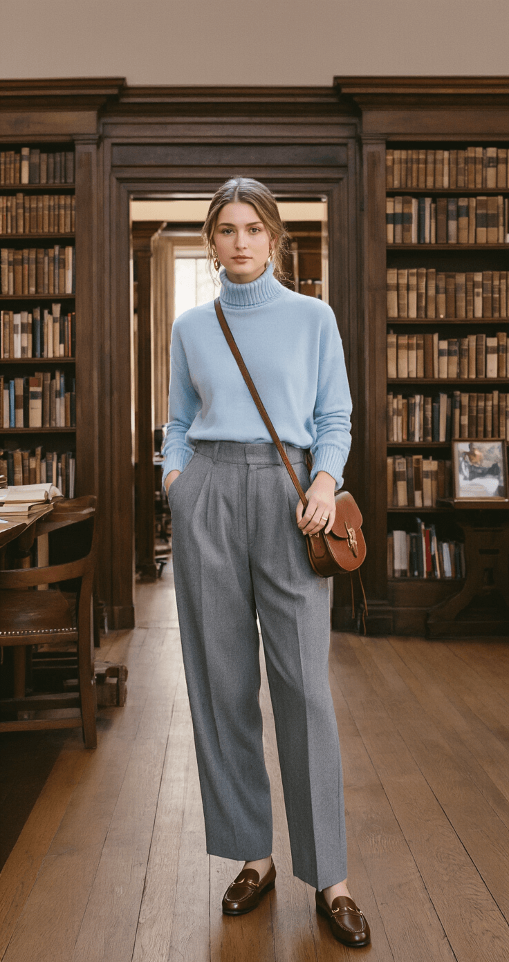 A student in high-waisted grey wool trousers and a pale blue cashmere turtleneck stands in a light-filled New England prep school library with dark wood and brass details, showcasing a loose chignon hairstyle, classic penny loafers, a vintage leather crossbody bag, and minimal gold jewelry.