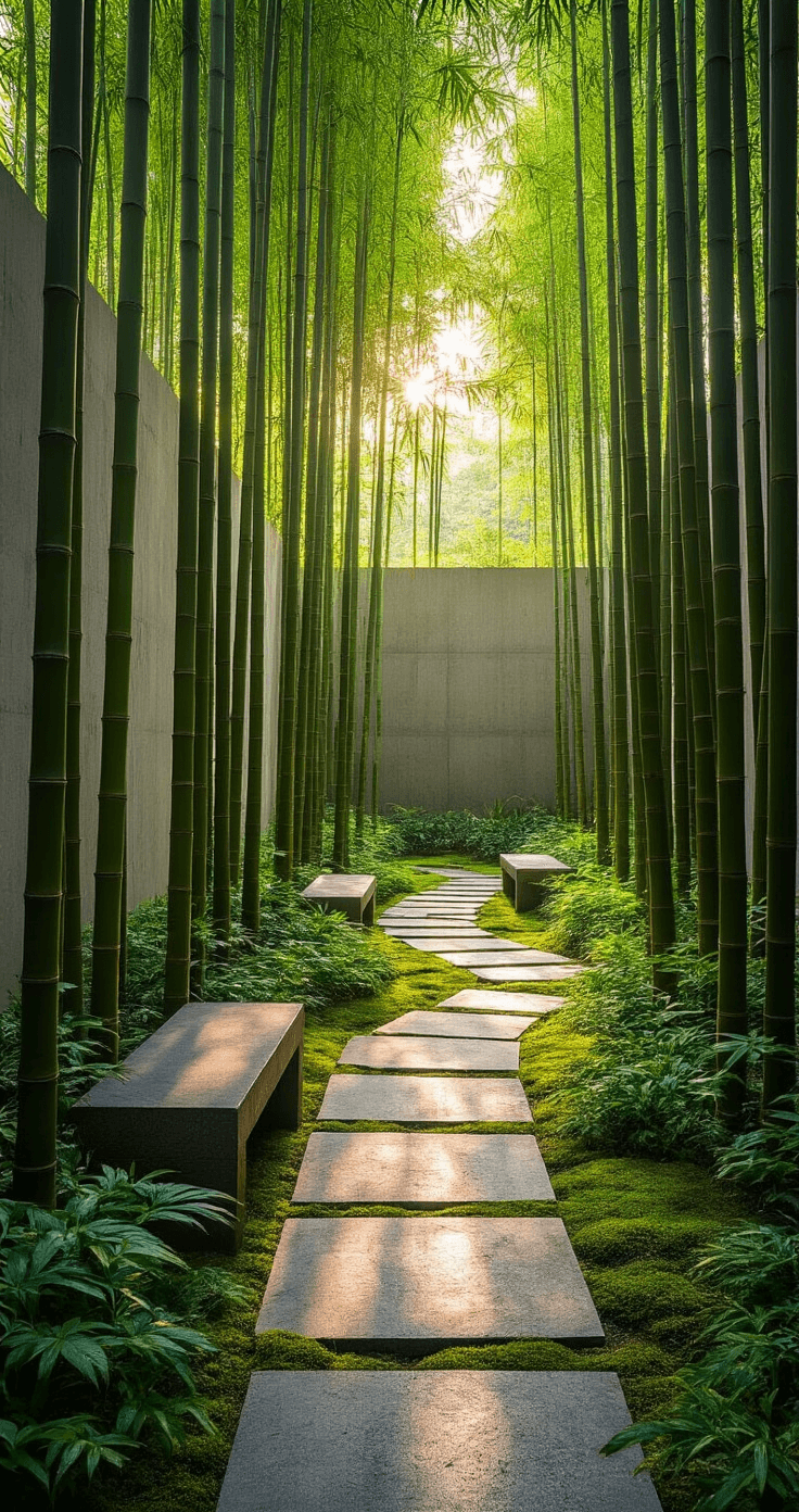 Creating Stunning Bamboo Gardens: A Comprehensive Guide A tranquil bamboo garden at golden hour, featuring towering Bambusa oldhamii against a modern concrete wall, a winding slate pathway, varying shades of clumping bamboo, natural stone benches, and a moss carpet, all shot from ground level with warm lighting and mist in the background.