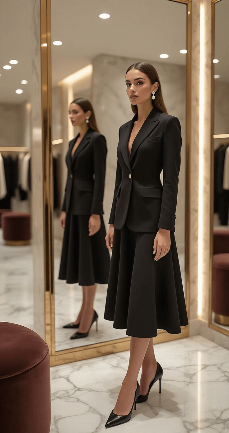 A woman tries on a black blazer over an A-line midi skirt in a luxury boutique fitting room, with her reflection visible in a mirror. She has natural makeup, pearl drop earrings, and pointed-toe slingbacks. The setting features marble floors and velvet seating, illuminated by diffused overhead lighting.