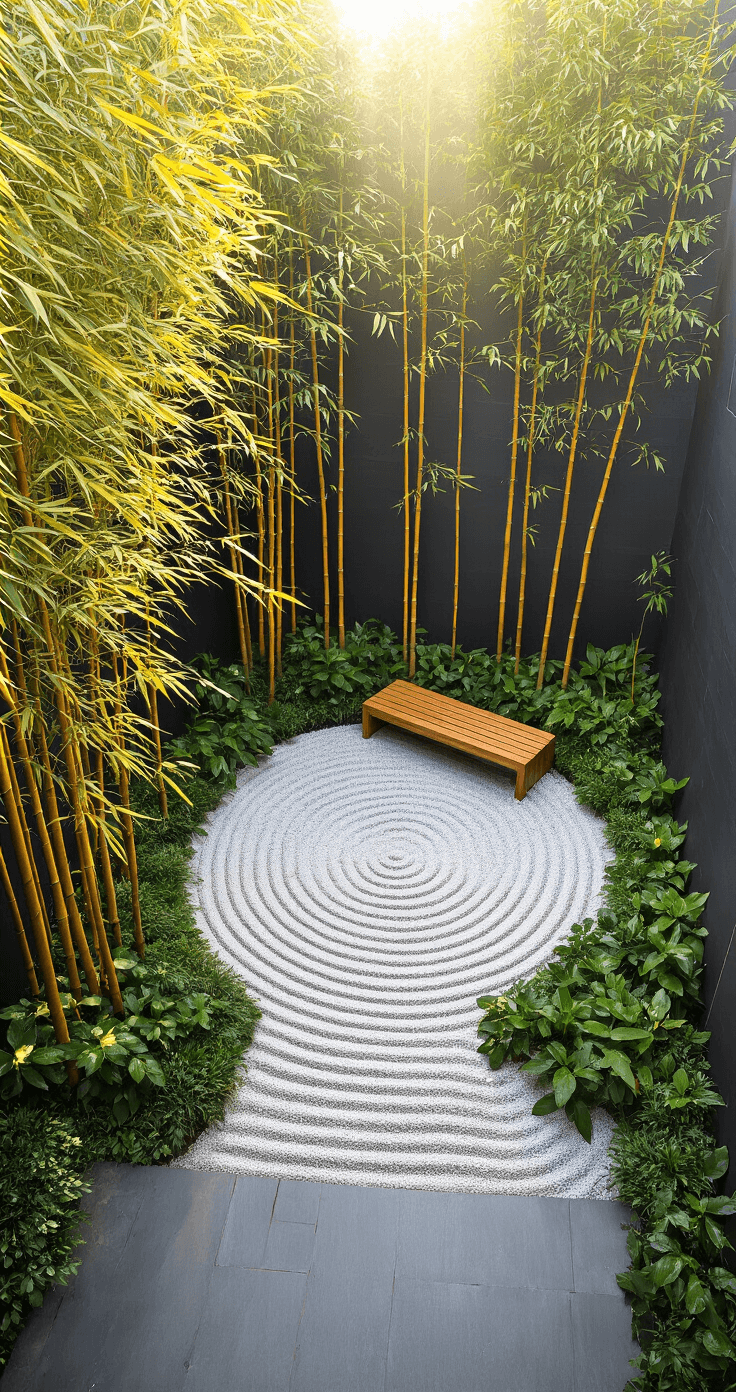 Aerial view of a 12x15ft intimate courtyard garden at 7am, featuring Phyllostachys aurea creating a living privacy screen against charcoal-colored walls, a circular zen garden with white gravel, and a minimalist teak bench positioned at the golden ratio. Morning light highlights the golden hues of the bamboo and reflects on water droplets on the leaves, showcasing geometric patterns and morning mist.