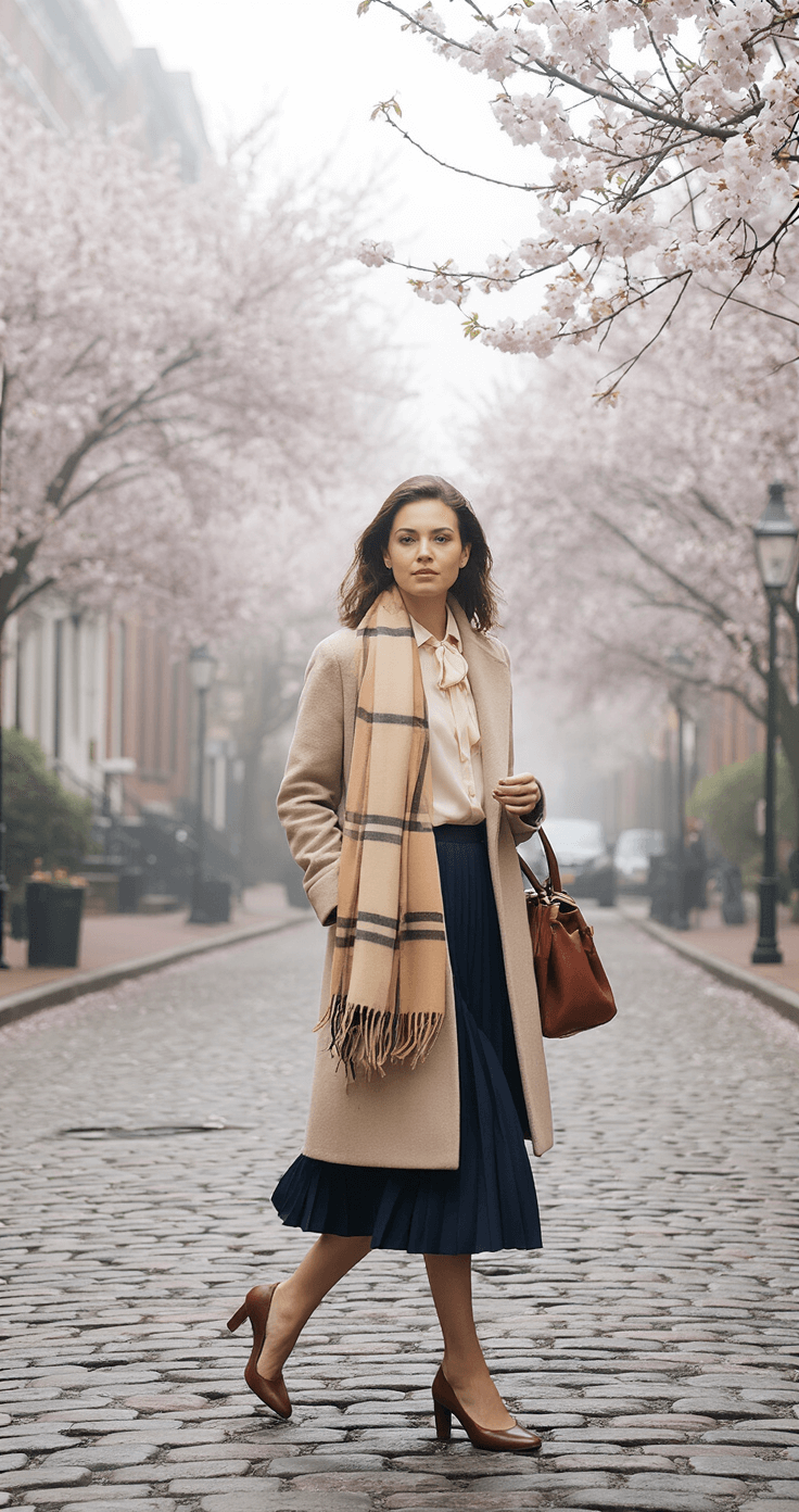 A woman in a beige wool coat, cream silk blouse, and navy pleated skirt crosses a cobblestone street in historic Georgetown during an early spring morning fog, with cherry blossoms softly blurred in the background. She carries a brown leather top-handle bag and wears a classic Burberry scarf, captured from street level with a telephoto lens for a compressed perspective.