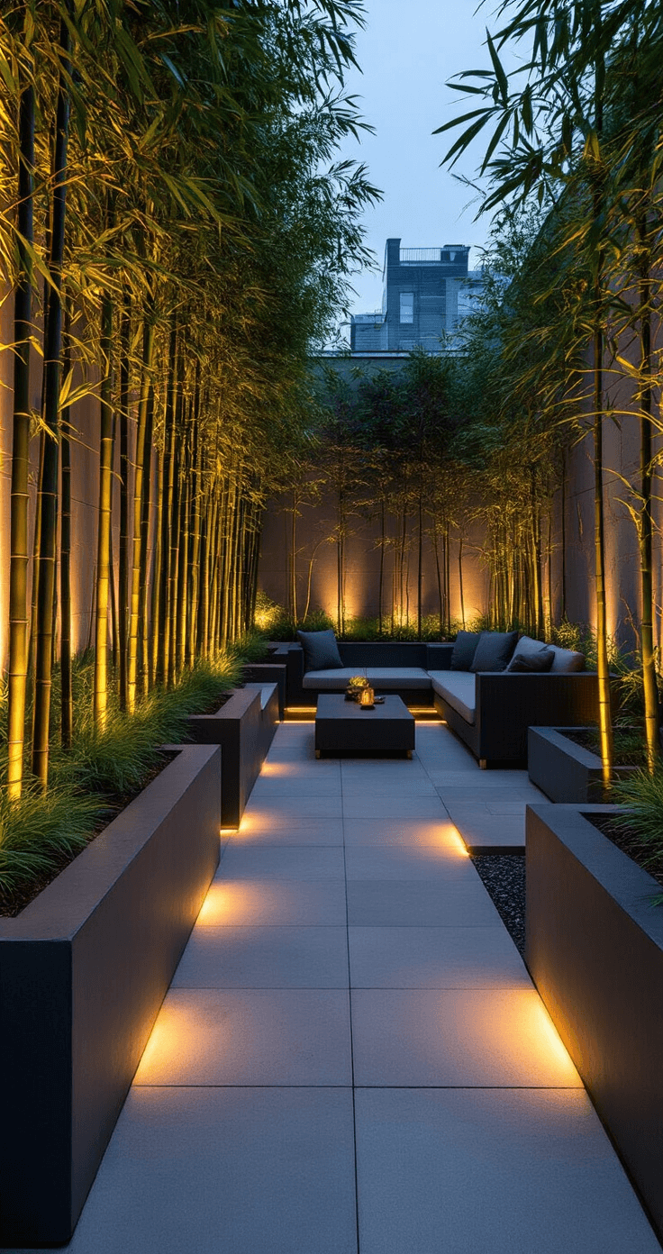 A contemporary rooftop garden at twilight featuring black-stemmed Phyllostachys nigra illuminated by uplighting, modern concrete planters with bamboo, charcoal gray lounge furniture, and ambient LED strip lighting along pathways, all presented in a moody atmospheric setting.