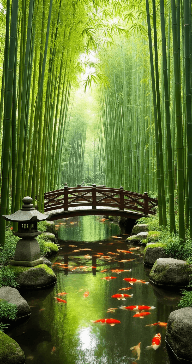 A serene Japanese-inspired garden featuring a bamboo grove with varying heights, stone lanterns, and a koi pond reflecting shadows. A traditional wooden bridge spans the water, showcasing multiple bamboo varieties in a gradient of green and yellow-green.