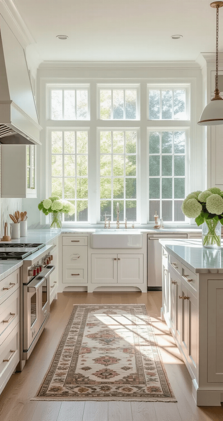A spacious kitchen with white shaker cabinets and a Carrara marble island, illuminated by soft morning light from large east-facing windows, featuring a vintage Persian runner and fresh hydrangeas, all captured from a low corner angle.