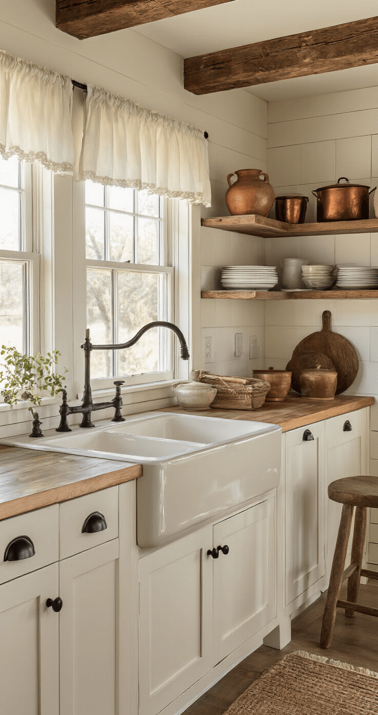Intimate 45-degree view of a farmhouse kitchen at golden hour, featuring white shaker cabinets, a cream fireclay sink, exposed wooden beams, and artisanal pottery on open shelves, with warm rim lighting highlighting textures.