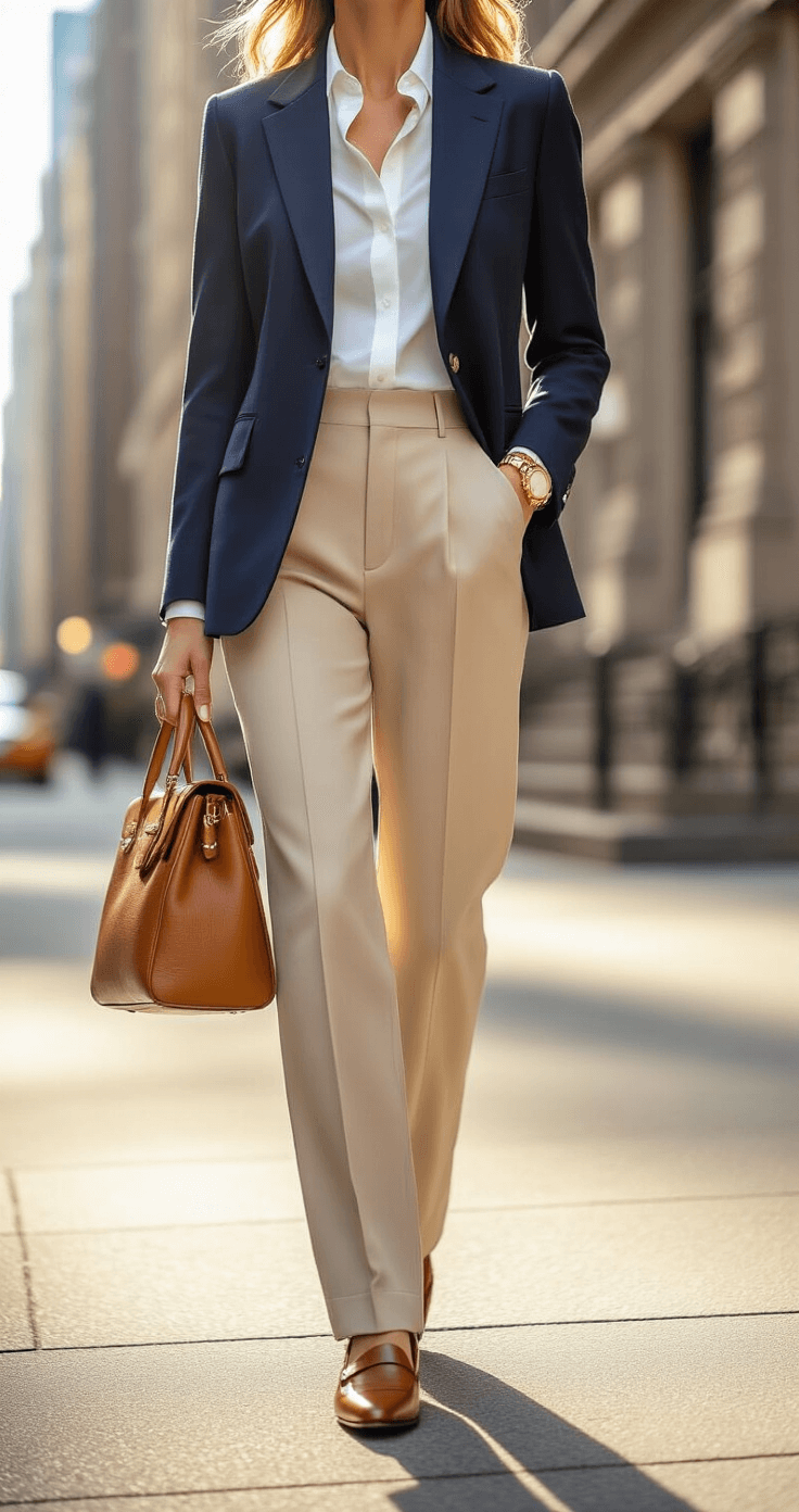 A stylish woman in a navy blazer and beige trousers walks on a sunlit Park Avenue corner, her cognac leather bag gleaming in the morning light, with Manhattan brownstones elegantly blurred in the background.