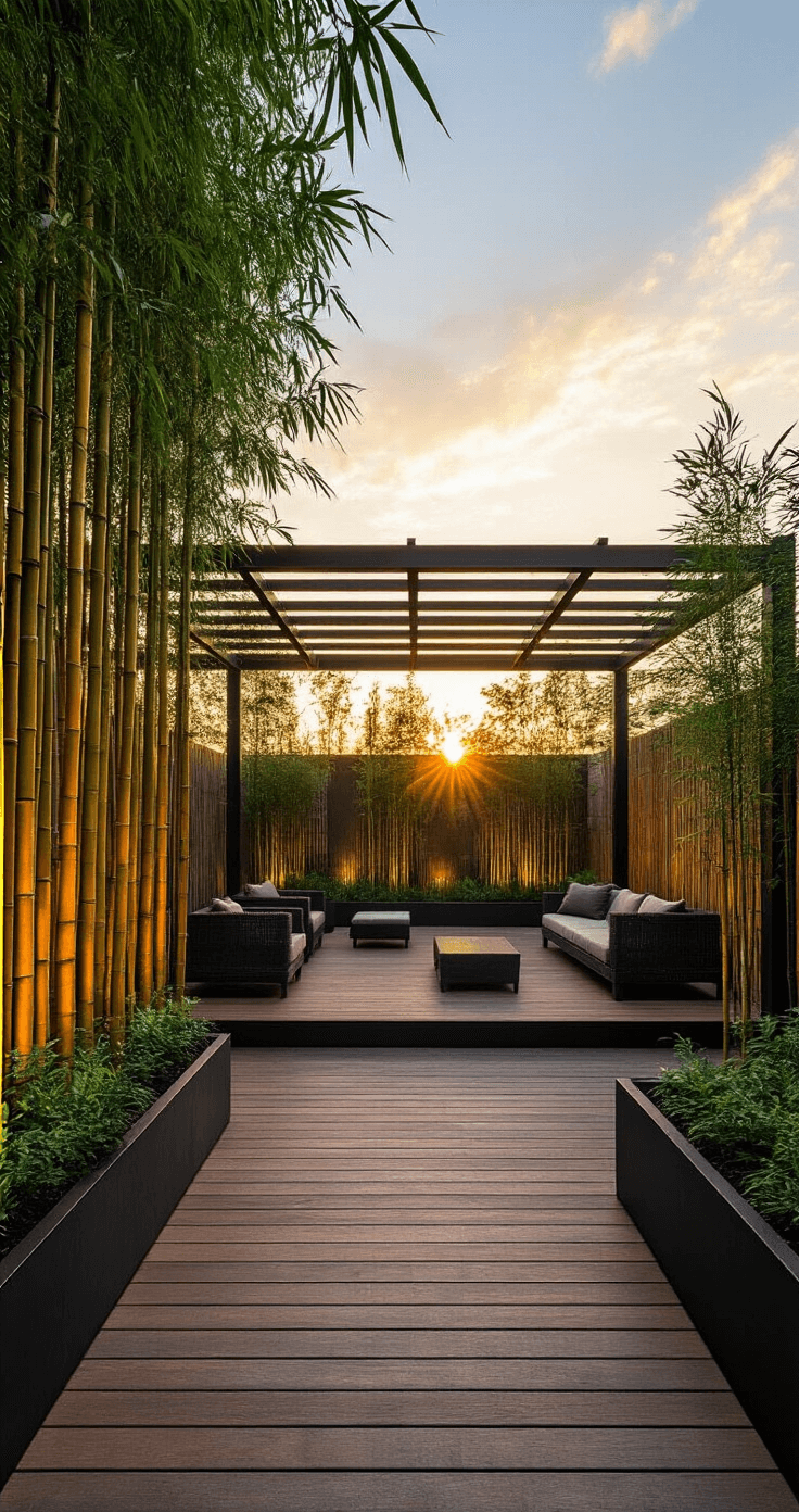 A modern urban bamboo garden at sunset featuring timber bamboo around a steel pergola, dwarf bamboo in Cor-ten planters, a floating deck with black bamboo, and contemporary earth-toned furniture, all highlighted by golden hour lighting and dramatic backlighting.