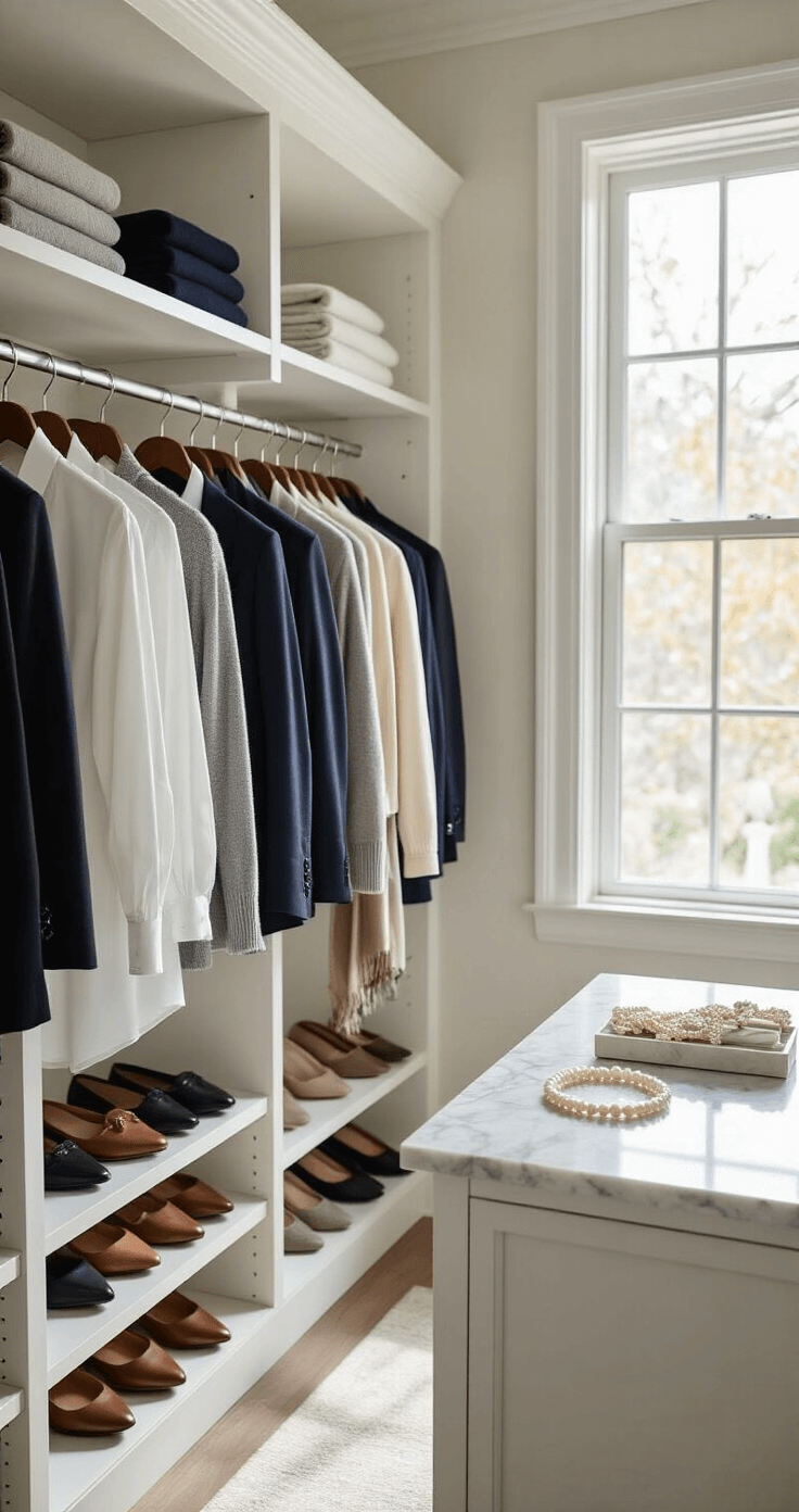 Bright walk-in closet with floor-to-ceiling windows, featuring a curated rack of white shirts, cashmere sweaters, and blazers, organized shelves of leather shoes, and a marble island displaying pearl jewelry and silk scarves, all bathed in soft morning light.